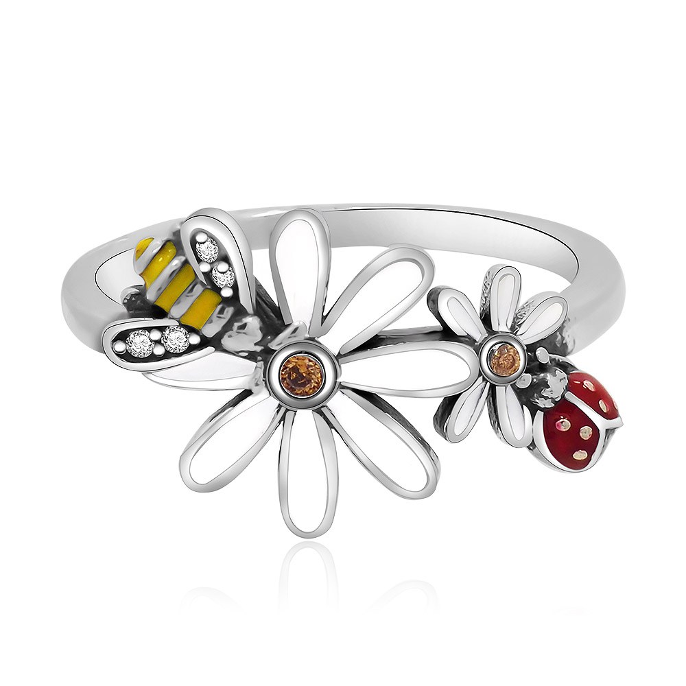 925 Sterling Silver Bee and Ladybug in Flower Garden Finger Rings